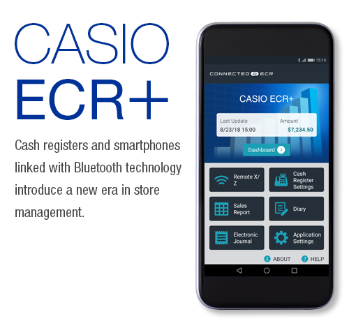 [CASIO ECR+] Innovative and Easy to Use. "Cash registers and smart phones are linked with the Bluetooth technology, to realize the store management of a new era."